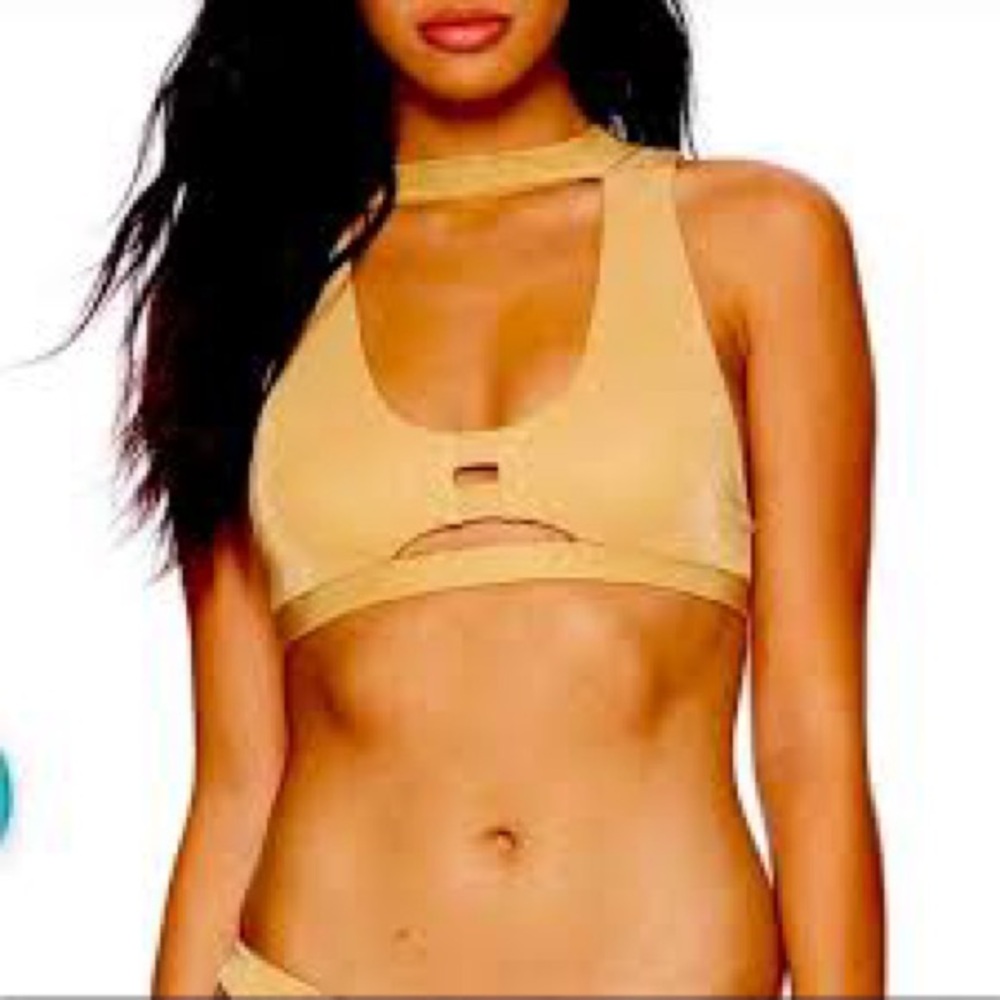 NWT  Beach Bunny Shimmery Gold ‘Gwen’ High Neck Top & Skimpy ‘Dani’ Bottoms